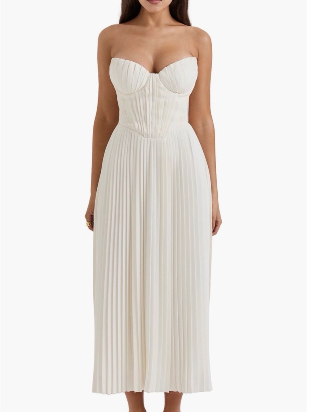 House of CB Strapless Pleated Cream Maxi Dress